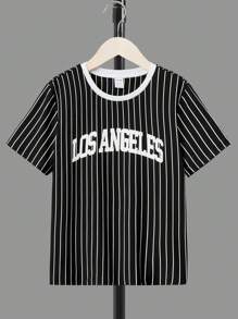 SHEIN Cậu bé Tween Đồ họa sọc & chữ Áo thun - màu đen - Xem 1
