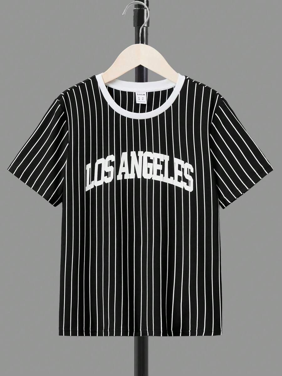 SHEIN Cậu bé Tween Đồ họa sọc & chữ Áo thun - màu đen - Xem 1