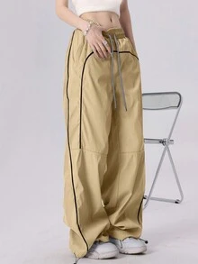 Quần thể thao thường ngày chắp vá có dây rút ở eo dành cho nữ - Màu Khaki - Xem 6