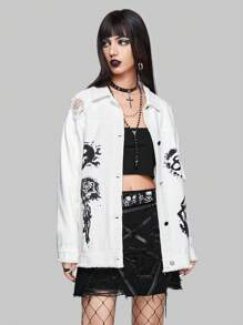 ROMWE PUNK Floral & Skeleton Graphic Ripped Drop Shoulder Denim Jacket - White - View 6