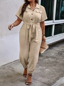 Calvaya Plus Flap Detail Belted Shirt Jumpsuit - Apricot - View 3