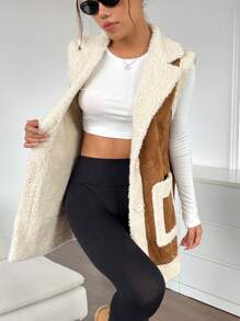 SHEIN EZwear Áo khoác vest lót gấu Teddy hai túi cho mùa thu/đông - màu nâu - Xem 2