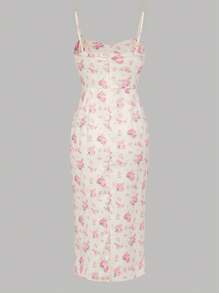 SHEIN Leap Crew Teen Girls Floral Print Ruched Split Thigh Cami Dress - Apricot - View 2