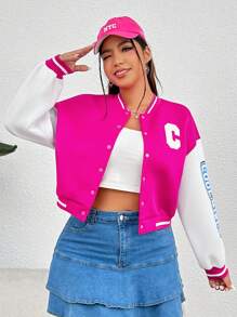 SHEIN EZwear 大碼字母圖案雙色落肩袖學院風夾克 - 粉色 - 查看 4