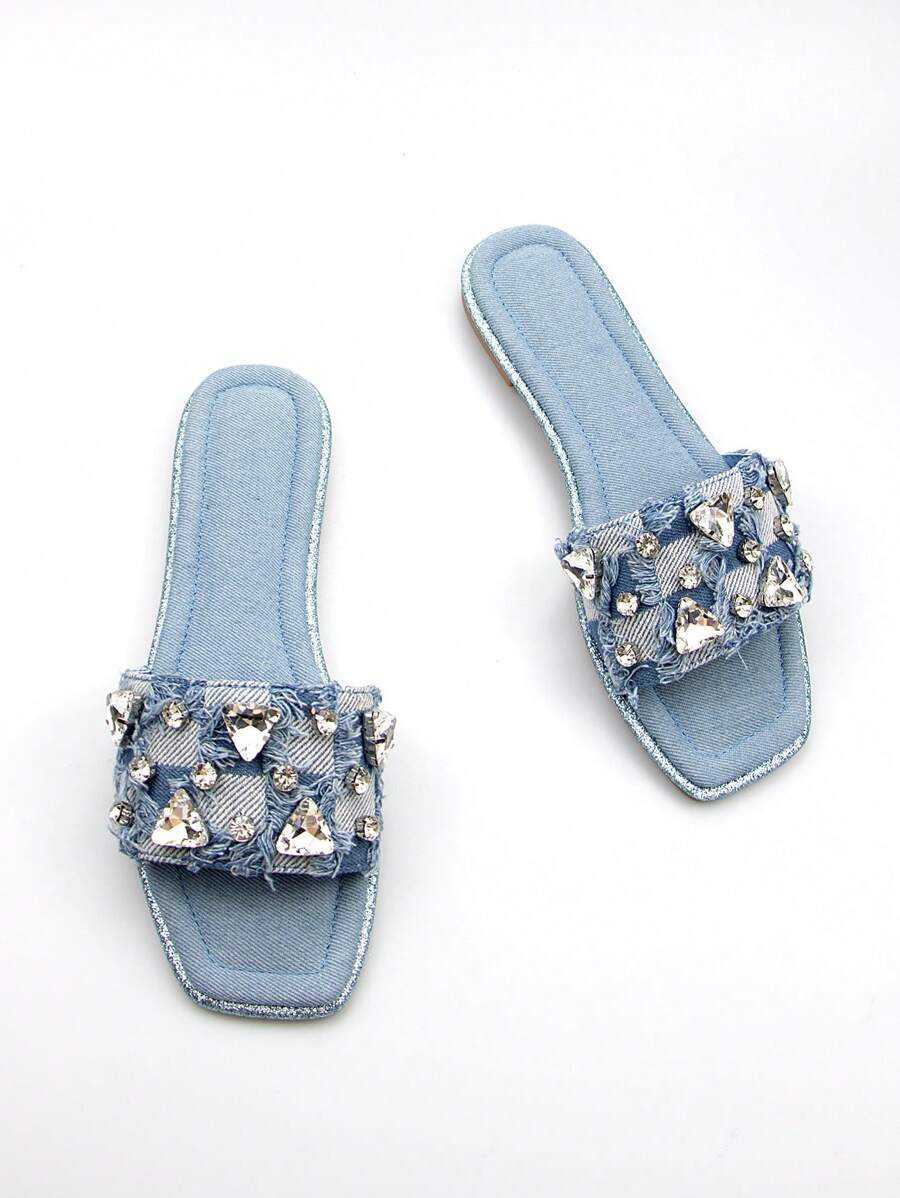 女士水钻装饰蓝色牛仔效果方头休闲平底凉鞋 - 藍色 - 查看 1