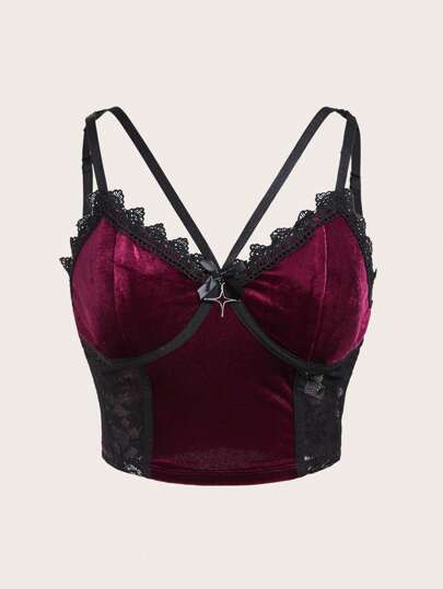 صدرية كامي دانتيل متباين اللون مخملي