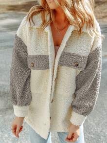 CILKOO Two Tone Drop Shoulder Teddy Coat - Grey - View 1
