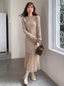 FRIFUL Contrast Mesh Mermaid Hem Bodycon Dress - Coffee Brown - View 5