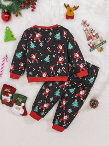 SHEIN Baby Boy Christmas Printed Color Block Sweatshirt & Jogger Pants Set