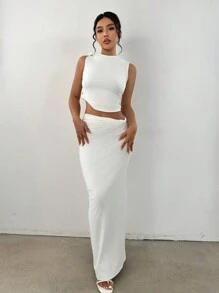 SHEIN Unity Mock Neck Crop Tank Top & Pencil Skirt - White - View 3
