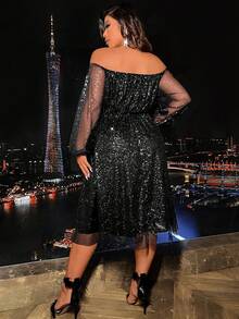 Plus Off Shoulder Lantern Sleeve Sequin Mesh Overlay Dress - Black - View 2