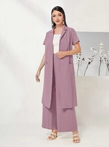 Seusyu Lapel Neck Dual Pocket Coat & Wide Leg Pants 2 Piece Set - Dusty Pink - View 3