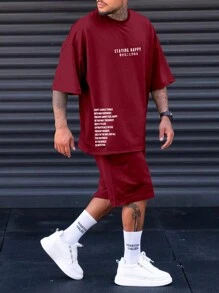 Manfinity Hombres talla grande Shorts con camiseta con estampado de slogan - Burdeos - Ver 4