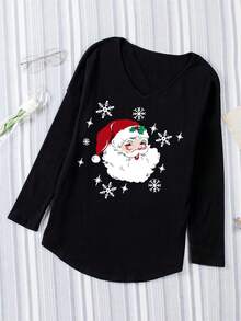 Camiseta de hombros caídos con estampado de Papá Noel de Navidad - Multicolor - Ver 3