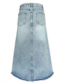 Váy denim cạp cao có viền thô - Màu xanh lam - Xem 2