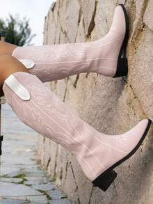 女士舒適的粉色刺繡尖頭粗跟長靴 - 粉色 - 查看 3