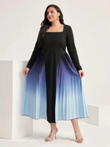 Modelyn Plus Ombre Square Neck Pleated Hem Dress Without Belt - Multicolor - View 6