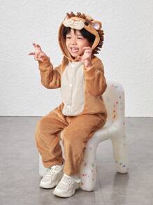 SHEIN Áo liền quần có mũ trùm đầu thiết kế tai cậu bé hoạt hình 3D - màu nâu - Xem 1