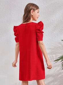 SHEIN Leap Crew Tween Girl Solid Puff Sleeve Tunic Dress - Red - View 2