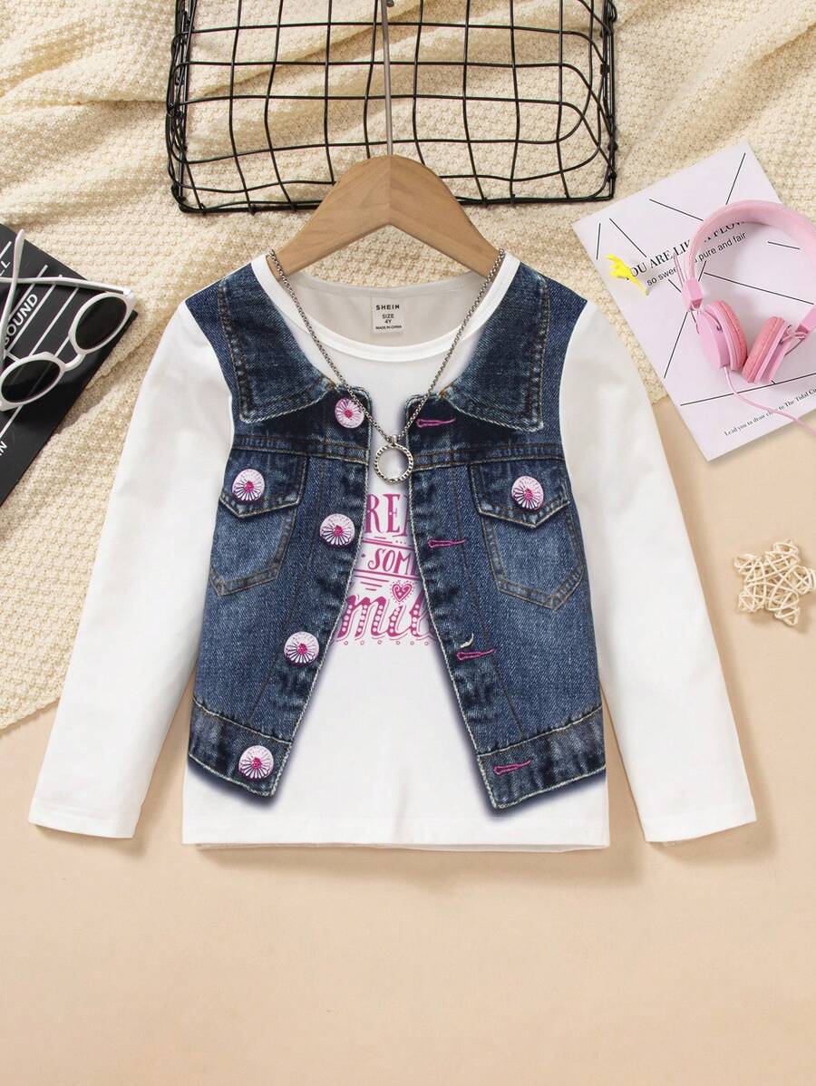 SHEIN Áo thun trẻ trung Girls'Casu2 In 1 cho mùa thu - Màu xanh lam - Xem 1