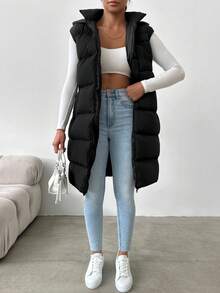 EURMUSE Zip Up Hooded Puffer Vest Coat - Black - View 4