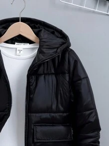 SHEIN Tween Boy 单件翻盖口袋拉链连帽夹棉大衣 - 黑色 - 查看 5