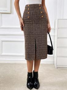 SHEIN Privé 高腰格紋雙排釦高衩半身裙 - 彩色 - 查看 1