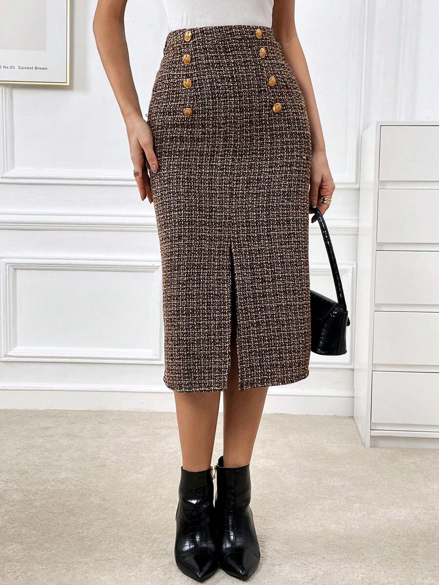 SHEIN Privé 高腰格紋雙排釦高衩半身裙 - 彩色 - 查看 1