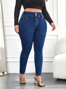 Plus High Waist Skinny Jeans - Dark Wash - View 5
