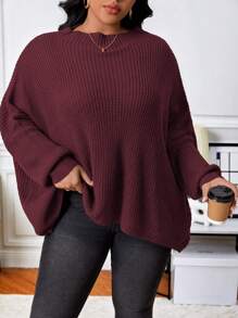 Calvaya Plus Batwing Sleeve Ribbed Knit Sweater - Burgundy - View 3