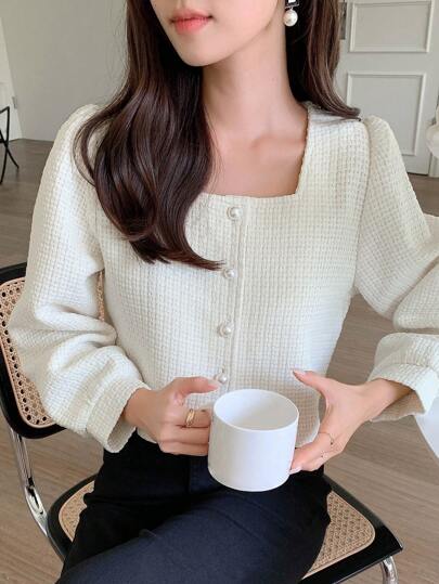 DAZY Casual Business Square Collar Solid Color Blouse For Women Long Sleeve Top