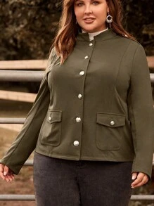 EMERY ROSE 大碼翻蓋口袋前紐扣夾克 - 軍綠色 - 查看 3