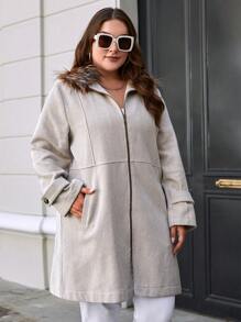 RueChic Plus Zip Up Slant Pocket Overcoat - Beige - View 4