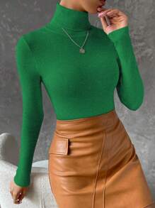 SHEIN Essnce Solid Turtleneck Ribbed Knit Sweater - Green - View 1