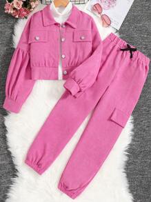 SHEIN 女大童翻蓋細節落肩袖夾克&工裝褲 - 玫紅色 - 查看 1