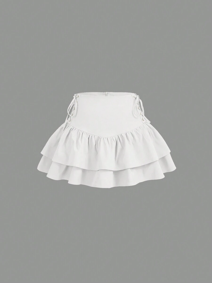 SHEIN MOD Lace Up Side Layered Ruffle Hem Eyelet Lace-Up Decoration White Skirt - White - View 1