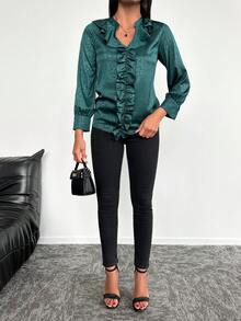 EURMUSE Blusa jacquard ribete con fruncido de satén - Verde Oscuro - Ver 5