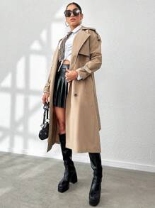 SHEIN Unity Đôi ngực Tự khóa Thắt lưng Áo khoác Trench - Màu be - Xem 5