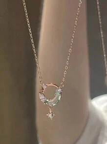 ROMWE Fairycore 1pc Fashion Iron Alloy Rhinestone Decor Moon & Star Charm Necklace For Women For Daily Decoration - Silver - View 1