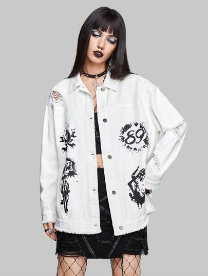Cazadora mezclilla floral & con estampado de esqueleto desgarro de hombros caídos