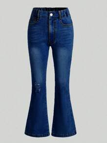 SHEIN Quần jeans ống loe cạp chun co giãn, màu xanh đậm, phong cách vintage boho cho bé gái tuổi teen, có túi phẳng, thích hợp mặc hàng ngày. - Rửa tối - Xem 1