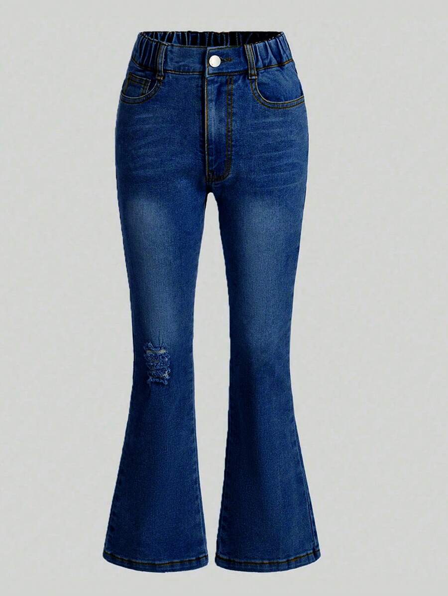 SHEIN Quần jeans ống loe cạp chun co giãn, màu xanh đậm, phong cách vintage boho cho bé gái tuổi teen, có túi phẳng, thích hợp mặc hàng ngày. - Rửa tối - Xem 1