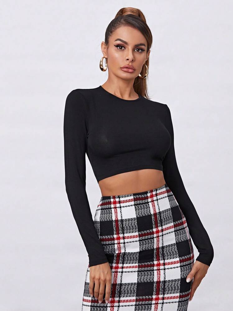SHEIN BASICS Solid Crop Top - Black - View 1