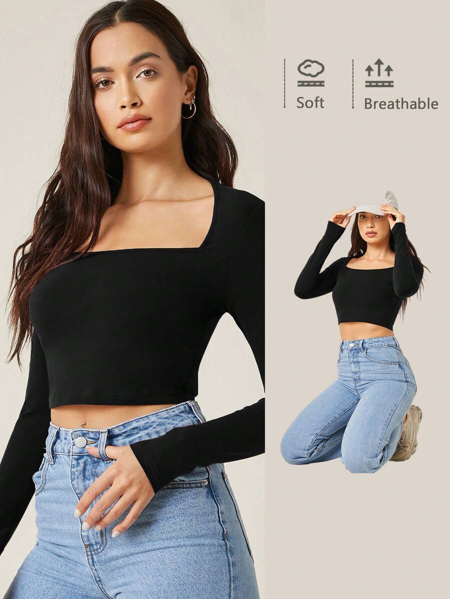 SHEIN BASICS 夏季方領長袖短款T恤，外出上衣 - 黑色 - 查看 1