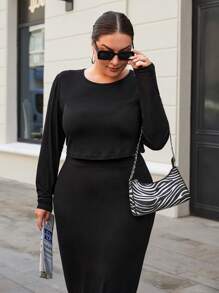 EURMUSE Plus Solid Crop Tee & Skirt - Black - View 5