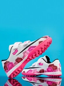 Chaussures de football pour femmes, splicing blanc et rose avec boucle et rivets, chaussures de football d'entraînement antidérapantes