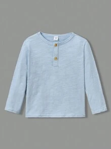 SHEIN 年輕男孩休閒針織半扣實色T卹，3入組季度扣領上衣 - 藍白色 - 查看 3