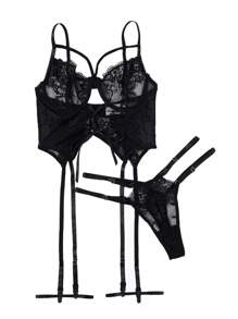 4pack Lace Up Front Lace Garter Underwire Lingerie Set - Black - View 5