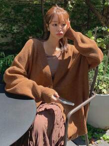 DAZY Solid Drop Shoulder Cardigan - Coffee Brown - View 1
