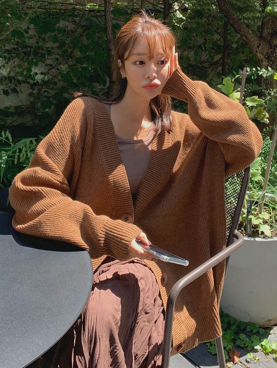 DAZY Solid Drop Shoulder Cardigan - Coffee Brown - View 1
